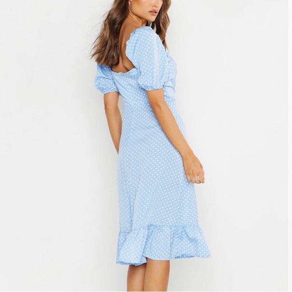 BOOHOO PUFF SLEEVE BUSTIER RUFFLE HEM POLKA DOT MIDI dress - Picture 4 of 8
